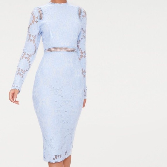 dusty blue frill hem lace bodycon dress